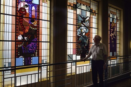 France, Allier (03), Vichy, the former Petit Casino and current Valery-Larbaud Cultural Center, Art Deco stained glass windows by Francis Chigot, the historian Michel Promérat
