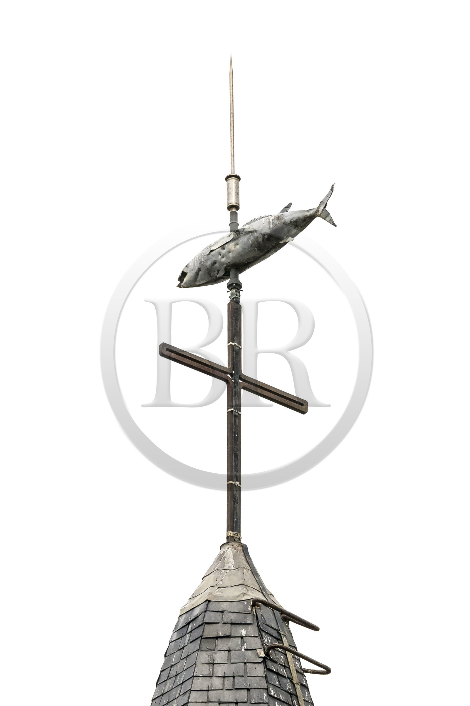 France, Morbihan, Groix Island, Le Bourg, Saint-Tudy church has the particularity of having a tuna as a weather vane