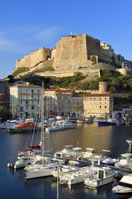 France, Corse-du-Sud (2A), Bonifacio, le port dominé par la citadelle dans la ville haute