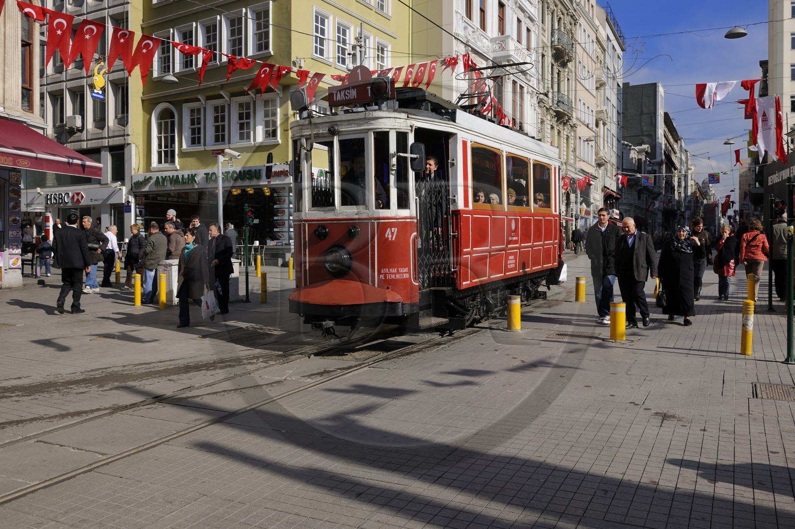 Turkey, Istanbul, Beyoglu, Taksim District, old tramway in Istiklal Caddesi Street