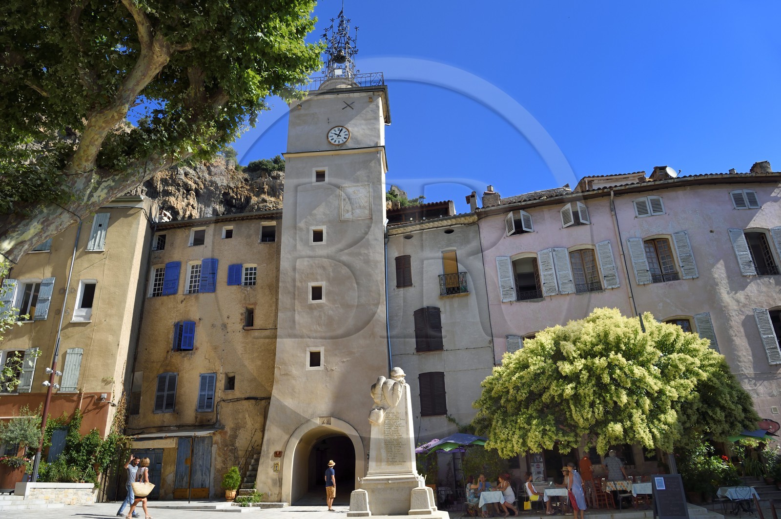 France, Var, Provence Verte, Cotignac, Place de la Mairie and the Clock tower