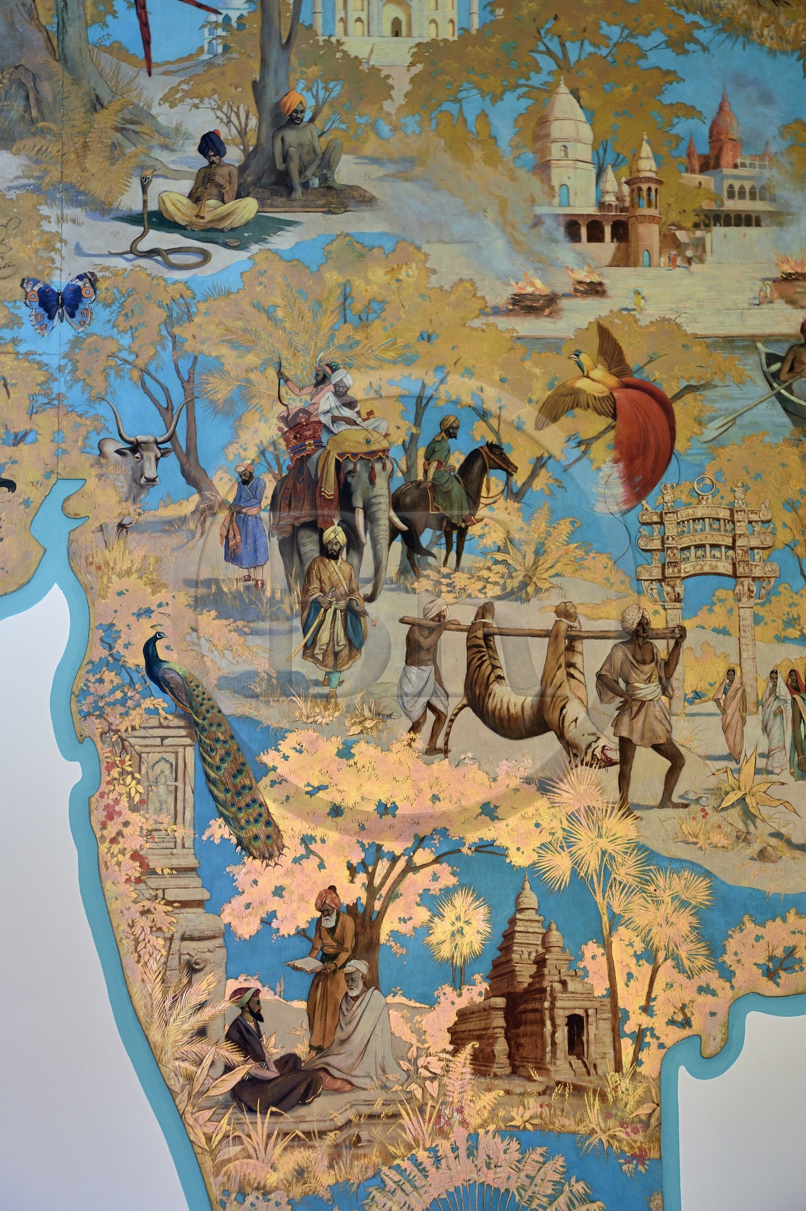 France, Allier (03), Vichy, Art Deco villa René Jeux, wall map of the Orient dreamed by travelers, from the deserts of Central Asia to the temples of Japan, hand painted on plywood by Max Moreau in 1942