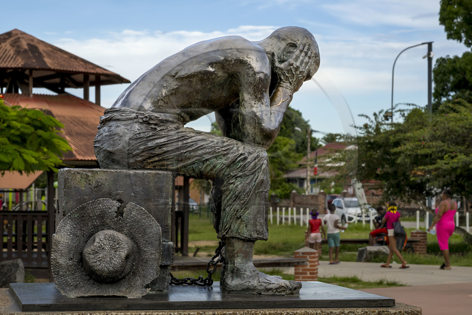 France, French Guiana, Saint-Laurent-du-Maroni, Laurent Baudin esplanade, bronze statue La Peine du Bagnard (the Convict's Sorrow) created by sculptor Bertrand Piéchaud in 1993