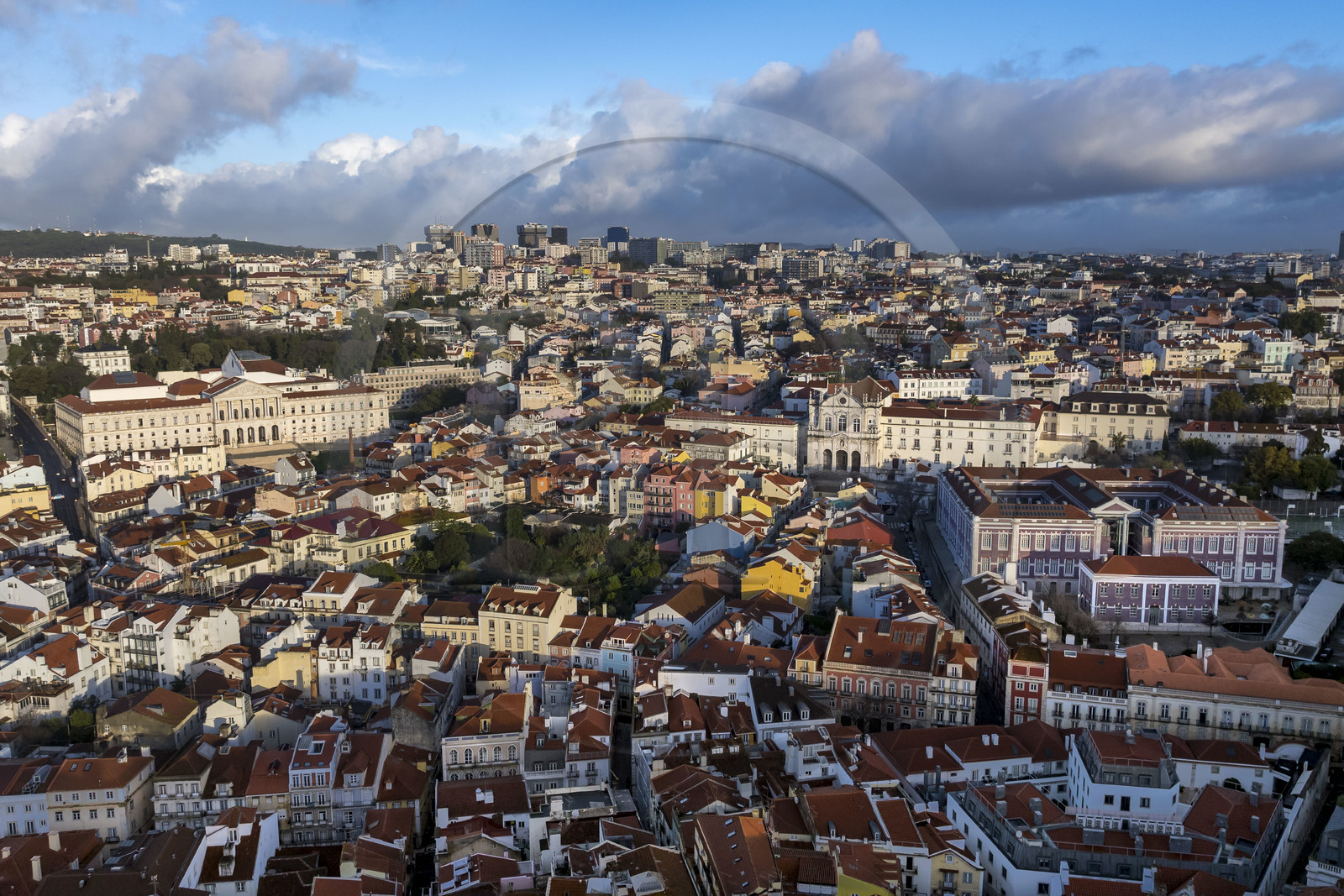 Portugal, Lisbon, Misericordia district to the west of Bairro Alto, on the left the Sao Bento Palace which houses the Assembly of the Portuguese Republic, in the center the Igreja de Nossa Senhora das Merces church adjacent to the Passos Manuel School on the right (aerial view)