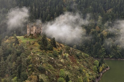 France, Cantal (15), Gorges de la Truyère, Alleuze, ruines féodales perchées du château fort d'Alleuze du XIIIe siècle reconstruit en 1405