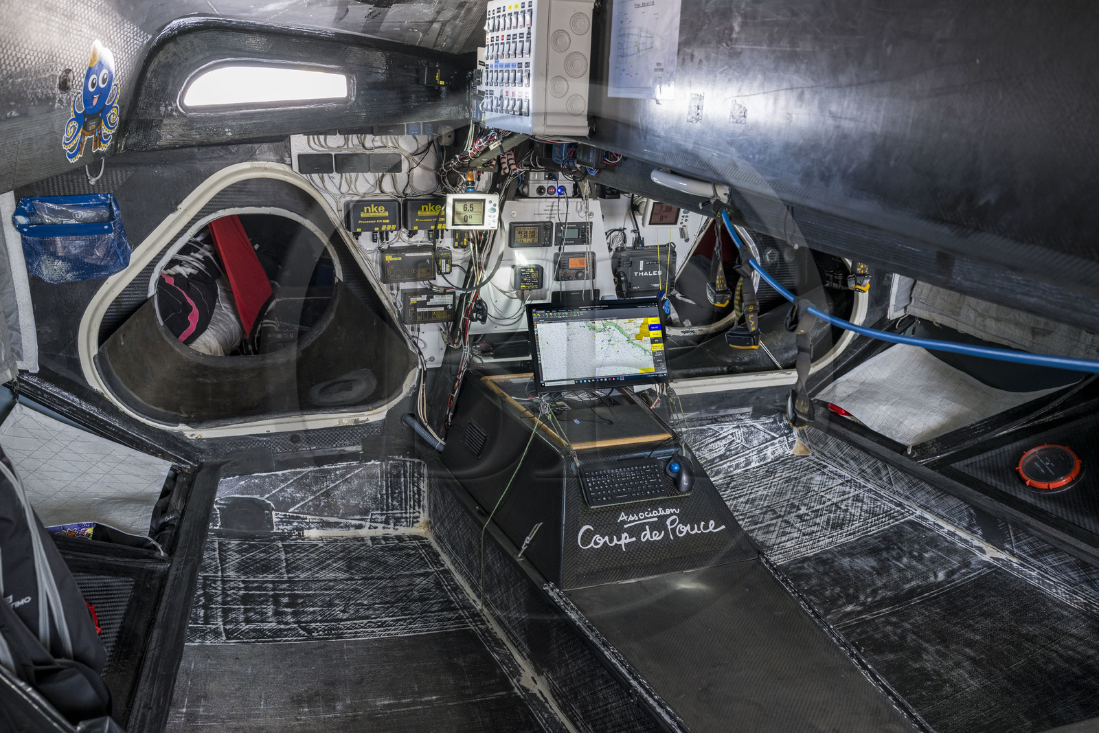 France, Vendee, Les Sables d'Olonne, skipper Manuel Cousin training on his 60-foot monohull sailboat IMOCA Coup de Pouce