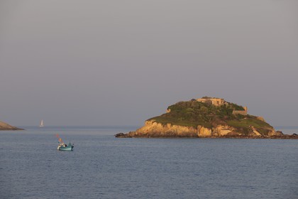 France, Var (83), presqu'île de Giens, vers la Tour Fondue, bateau de pêche devant l'ile privée du Petit Ribaud