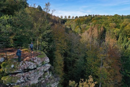 France, Bas-Rhin, Parc regional des Vosges du nord (Northern Vosges Regional Natural Park), La Petite Pierre, the Rocher Blanc (White Rock), pink sandstone rock to which the clear lichen give its name, of the Trois Roches trail (aerial view)