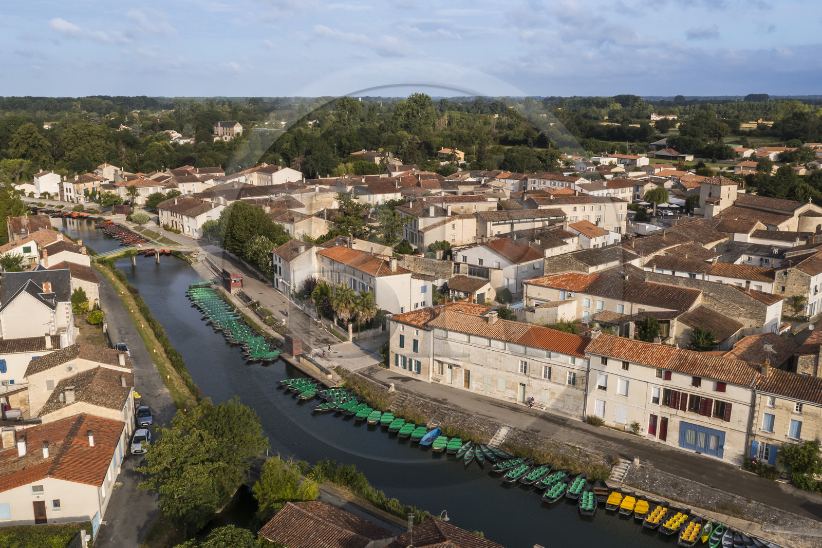 France, Deux-Sèvres, le Marais Poitevin, Green Venice, Coulon, labelled Les Plus Beaux Villages de France (The Most Beautiful Villages of France), flat-bottomed boats on the banks of the Sèvre Niortaise (aerial view)