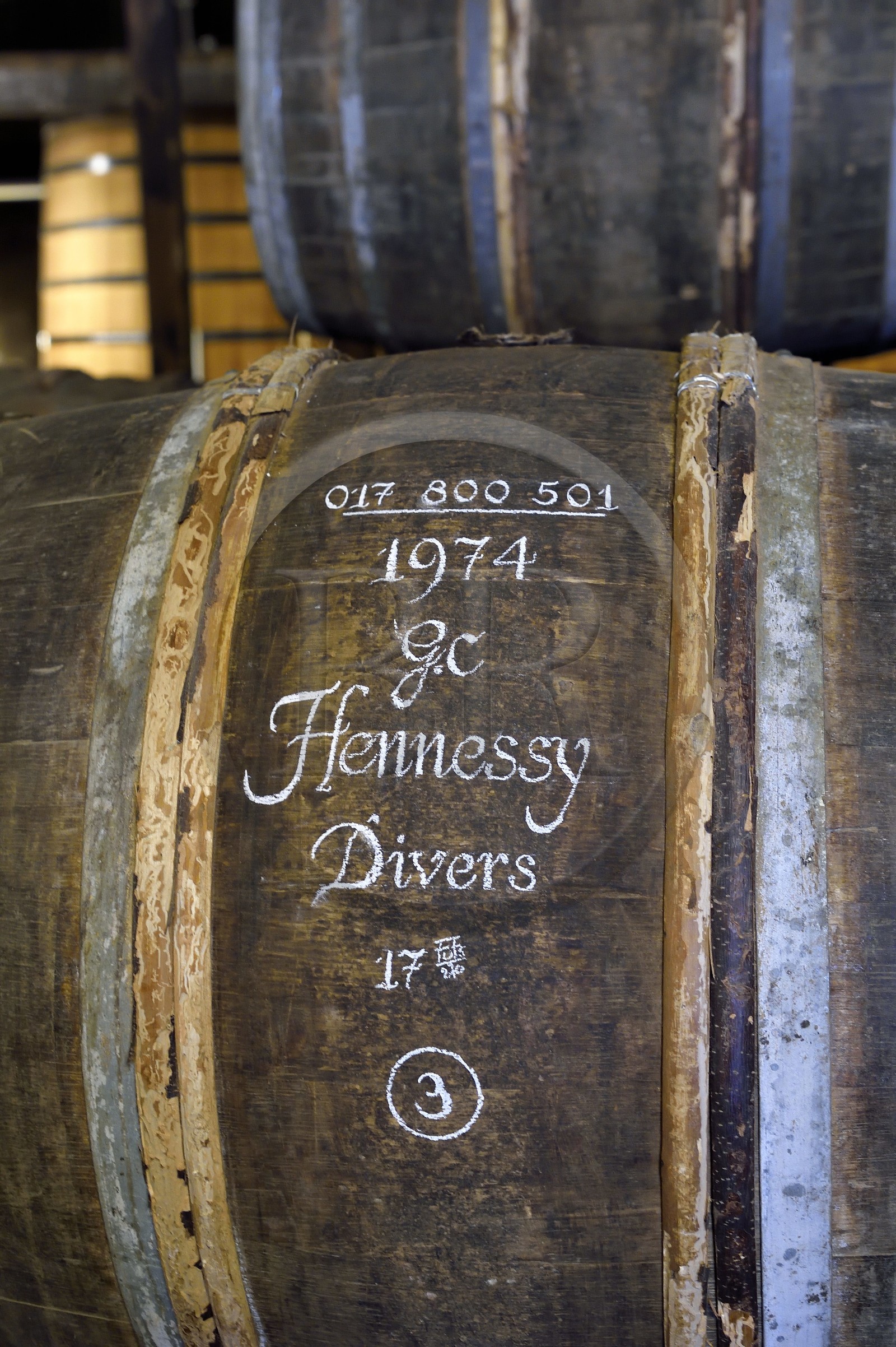 France, Charente (16), Cognac, les chais de vieillissement de la Maison de cognac Hennessy, tonneaux calligraphiés à l'ancienne à la craie