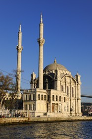 Turkey, Istanbul, Ortakoy District, Ortakoy Mosque and Bosphorus Bridge in the background