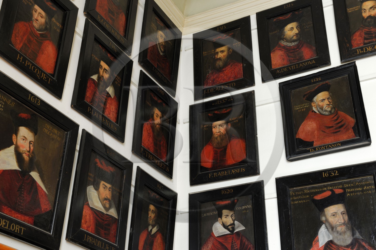 France, Hérault (34), Montpellier, centre historique, faculté de médecine, antichambre de la salle du Conseil, le vestiaire des professeurs, portrait d'élèves notables dont Rabelais qui obtient son titre de docteur à Montpellier en 1537