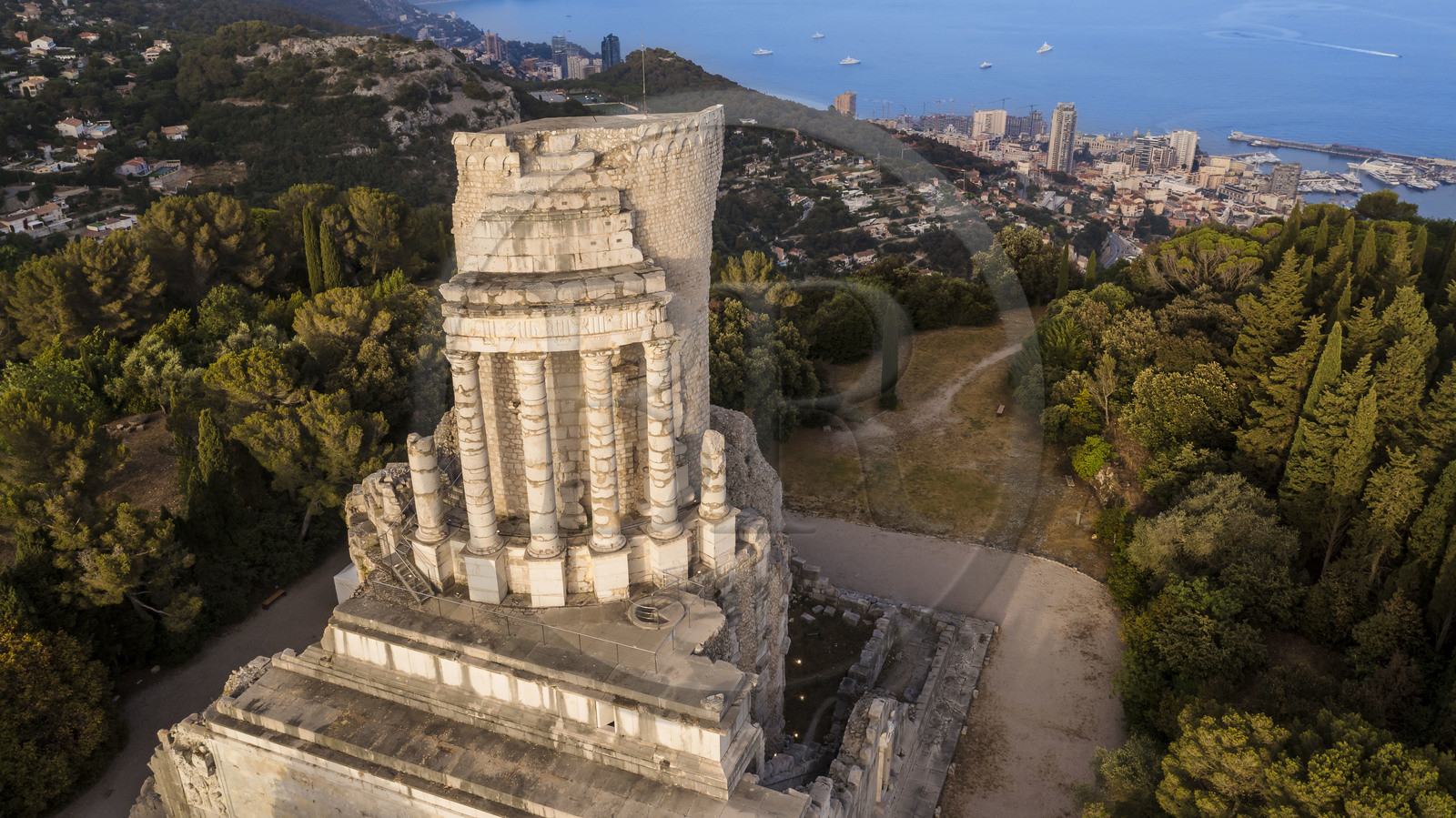 France, Alpes-Maritimes, La Turbie, Trophée d'Auguste or Trophée des Alpes, Roman monument built in the year 6 BC., the Principality of Monaco in the background (aerial view)