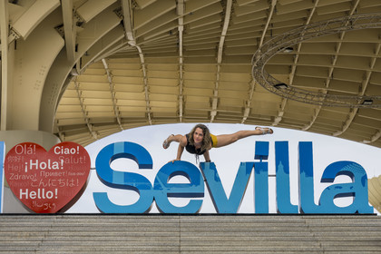 Spain, Andalusia, Seville, Plaza de la Encarnacion - Plaza Mayor, Metropol Parasol or Setas de Sevilla (built 2011), I love Sevilla sign