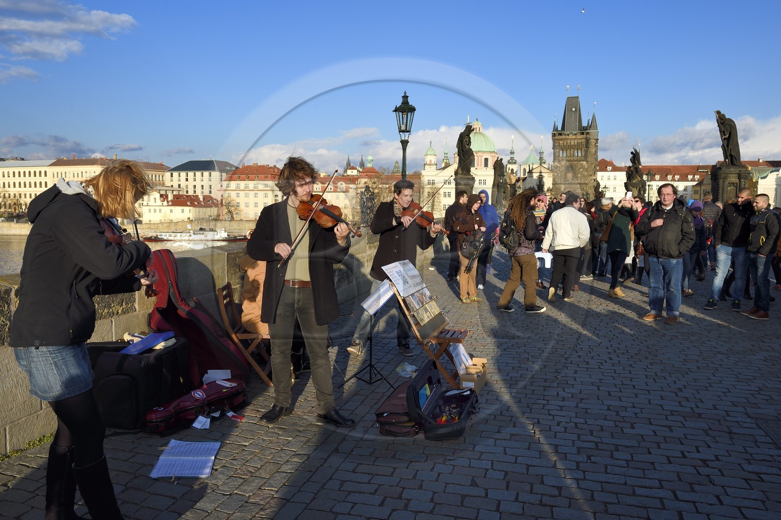Czech Republic, Prague, historical centre listed as World Heritage by UNESCO, violinists concert on the Charles Bridge over Vltava River