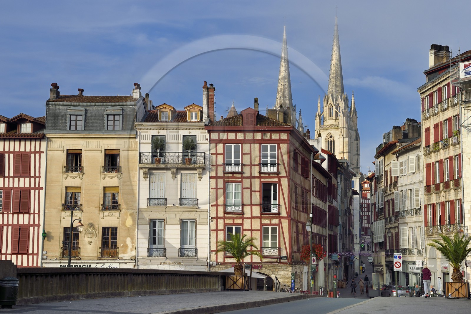 France, Pyrénées-Atlantiques (64), Pays-Basque, Bayonne, maisons traditionnelles des quais de la Nive et les flèches de la cathédrale Sainte-Catherine vues du pont Marengo