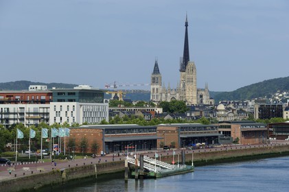 France, Seine-Maritime (76), Rouen, les anciens docks sur les quai de Bois-Guilbert et la cathédrale Notre-Dame en arrière-plan
