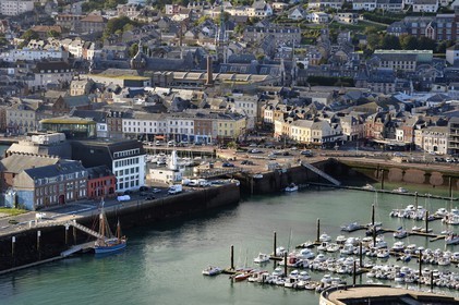 France, Seine Maritime, Pays de Caux, Cote d'Albatre, Fecamp, Les Pecheries (Fishery) - Museum of Fecamp in the heart of the port, the Palais de la Bénédictine in the background