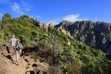 France, Corse-du-Sud (2A), Golfe de Porto, classé Patrimoine Mondial de l'UNESCO, calanches de Piana aux rochers de granit rose, randonneurs sur le chemin dit du Chateau-Fort
