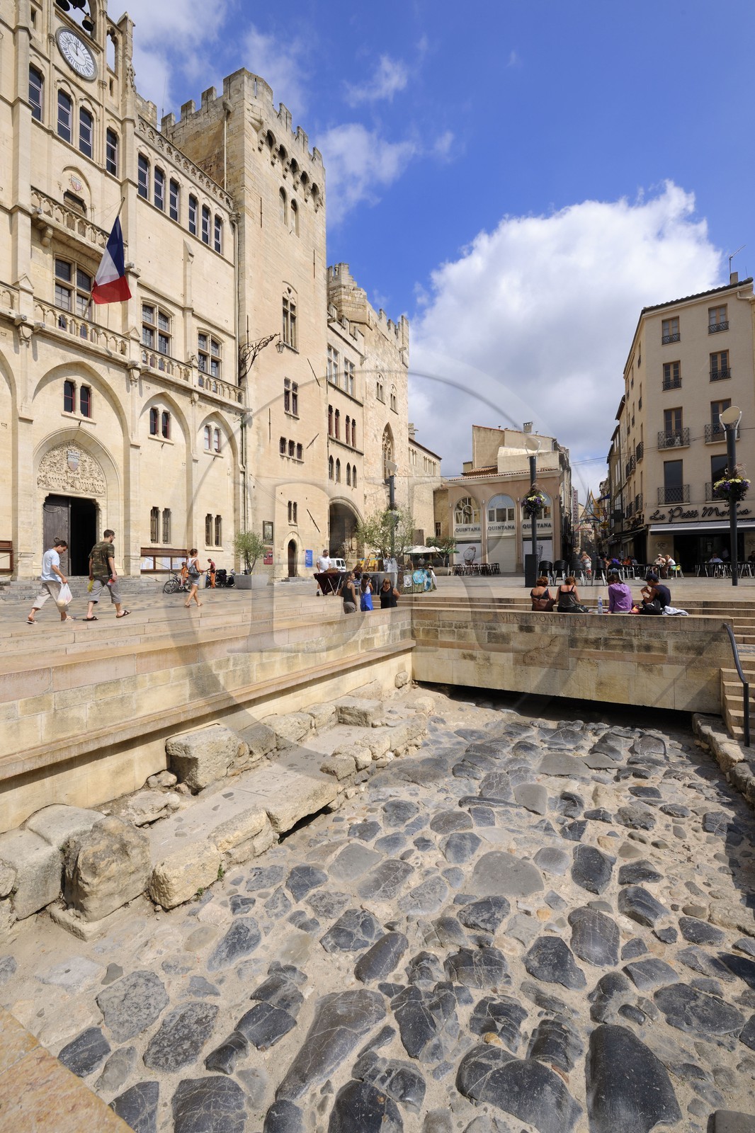 France, Aude, Narbonne, Place de l'Hotel de Ville, remains of the Via Domitia at the bottom of Palais des Archeveques (the Archbishops Palace)