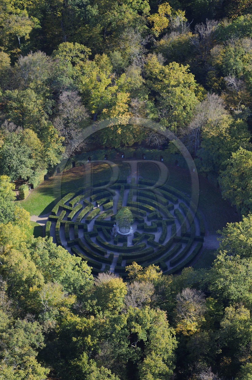 France, Indre-et-Loire (37),  Château de Chenonceau, le labyrinthe dans le parc (vue aérienne)