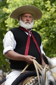 Argentine, province de Buenos Aires, San Antonio de Areco, fête du Jour de la Tradition (Dia de la Tradicion), gaucho à cheval défilant en habit traditionnel