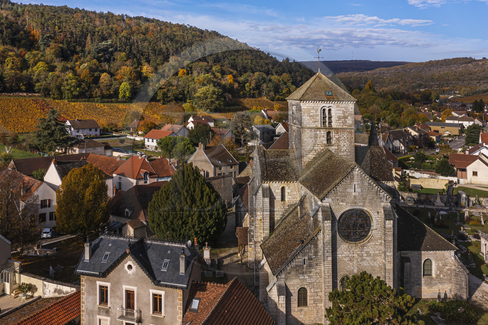 France, Côte-d'Or (21), Paysage culturel des climats de Bourgogne classés Patrimoine Mondial de l'UNESCO, Route des Grands Crus, le village de Nuits Saint Georges (vue aérienne)