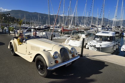 France, Alpes Maritimes, Saint Jean Cap Ferrat port, discovering the coast in a Morgan Roadster 4 4 vintage car