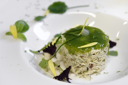 France, Pyrénées-Atlantiques (64), Pays-Basque, Biarritz, restaurant les Rosiers, chair de tourteau, curry coriandre, caramel de célerie et gelée de comcombre