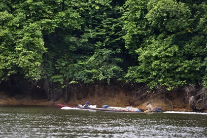 Gabon, Moyen-Ogooue Province, Lambaréné region, motorized canoe going up the Ogooue river