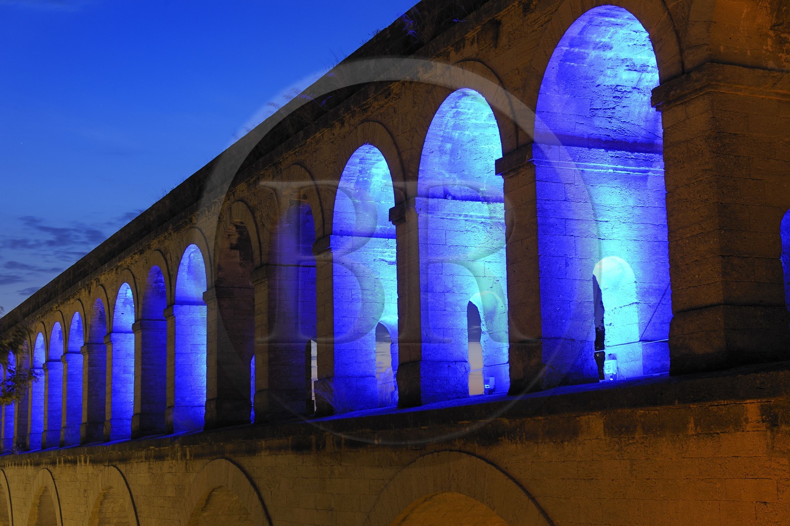 France, Herault, Montpellier, Saint Clement Aqueduct, lightinings of the artist Yann Kersale
