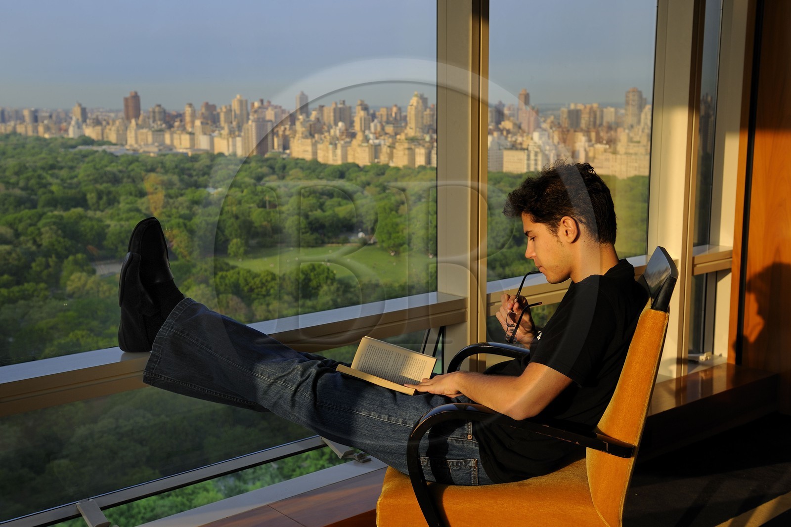 United States, New York City, Manhattan, reading a book facing Central Park