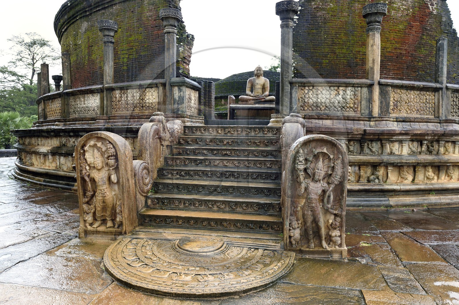 Sri Lanka, province du Centre-Nord, Polonnaruwa, l'ancienne capital du pays (XIe au XIIIe siècle) est classée au Patrimoine Mondial de l'UNESCO, terrasse de la relique de la dent, Vatadage (chambre des reliques) et pierre de lune en demi-cercle (sandakada pahana)