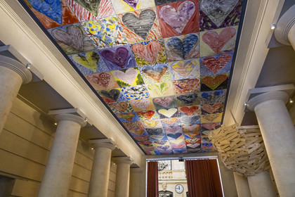 France, Herault, Montpellier, historic center called the Ecusson, Hotel Richer de Belleval, Make the ceiling dance (2019) sandstone and enamel tiles by artist Jim Dine and Tree Huts in Montpellier sculpture by artist Tadashi KAWAMATA for the GGL Corporate Foundation in the entrance hall