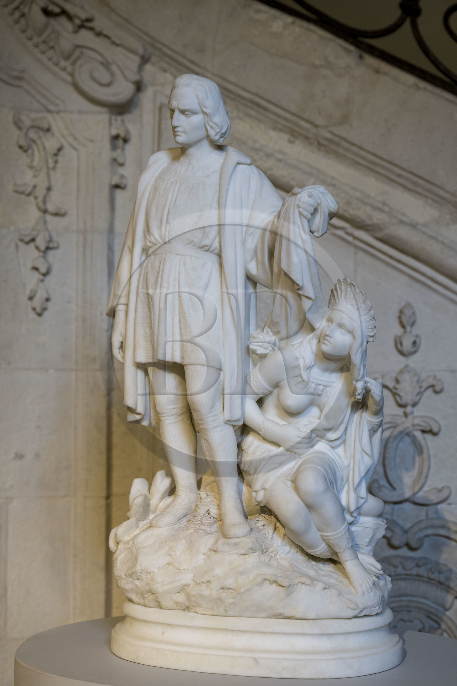 France, Charente Maritime, La Rochelle, Musée du Nouveau-Monde (New World Museum) in the Hotel Fleuriau, statue of Christopher Columbus, marble reproduction (78 cm) of a more monumental project by the Florentine Aristodemo Costoli for the city of Genoa in 1845