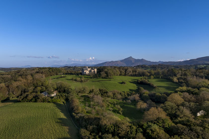 France, Pyrenees Atlantiques, Basque Country coast, Hendaye, Abbadia castle built in 1870 by Eugène Viollet-le-Duc for Antoine d'Abbadie d'Arrast and La Rhune mountain in the background (aerial view)