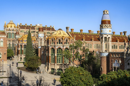 Spain, Catalonia, Barcelona, El Guinardo district, former Hospital de la Santa Creu i de Sant Pau listed as UNESCO World Heritage, modernist style by architect Domenech i Montaner, today a museum and a cultural center, It was composed of pavilions connected by underground passages.