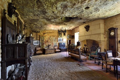 France, Dordogne, Perigord Noir, Vezere Valley, Tursac, the 16th century Reignac troglodytic and fortified house, the ambassador lounge (large lounge)