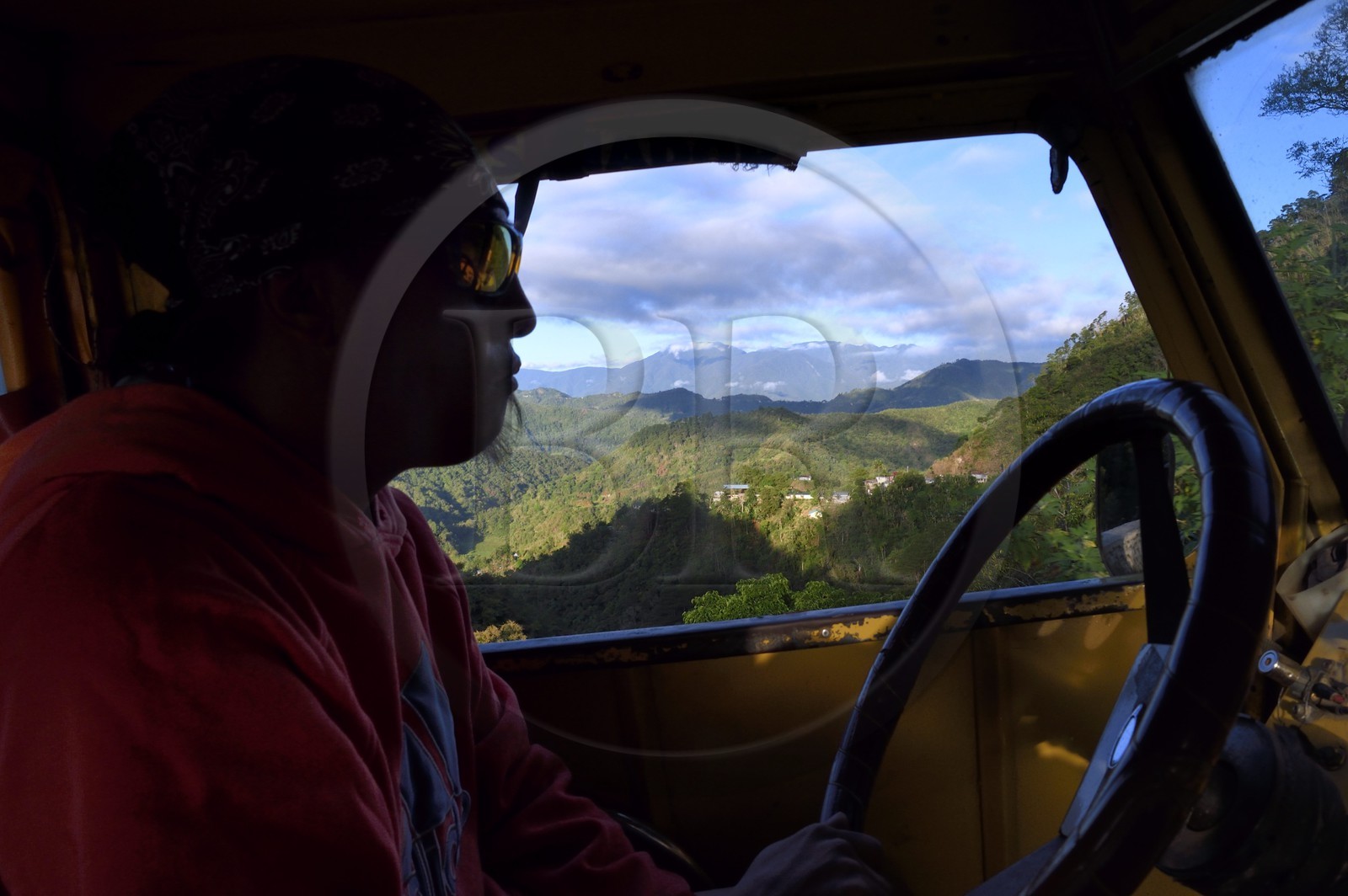 Philippines, Ifugao province, Banaue region, jeepney progressing on a mountain road towards Batad