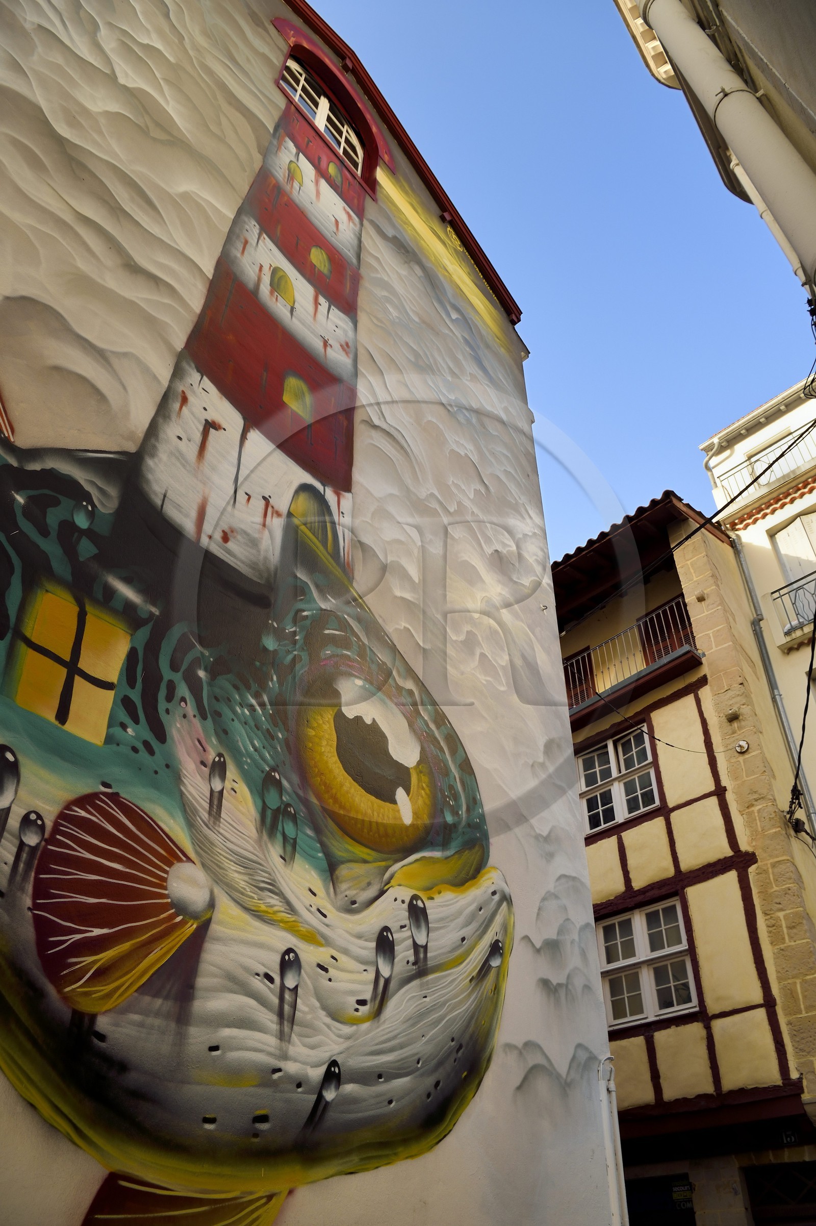 France, Pyrénées-Atlantiques (64), Pays-Basque, Bayonne, quartier Saint-Esprit, fresque du poisson phare de l'artiste Veks van Hillik sur un mur proche de la rue Sainte Catherine, la maison médiévale au 13 rue Sainte Catherine en arrière plan
