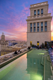 Spain, Catalonia, Barcelona, Eixample district, rooftop of the Hotel Iberostar Selection Paseo de Gràcia which overlooks the Plaça de Catalunya (Placa de Catalunya)