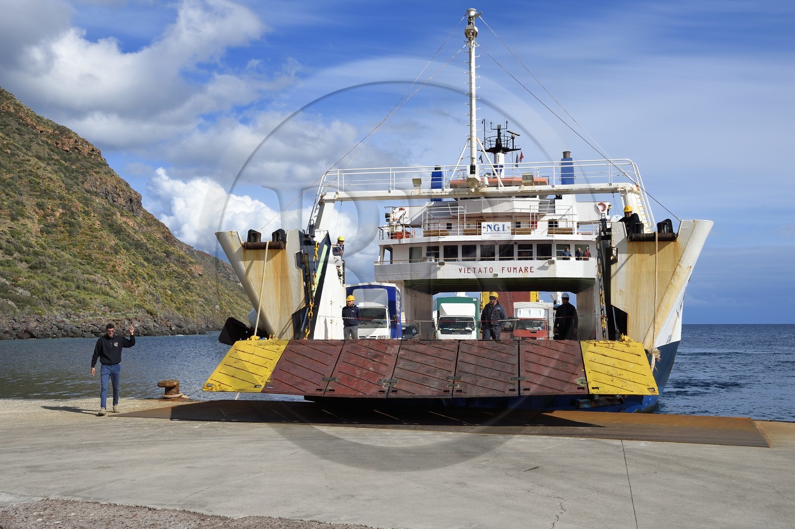 Italy, Sicily, Aeolian Islands, listed as World Heritage by UNESCO, Salina Island, arrival of the ferry in Rinella port