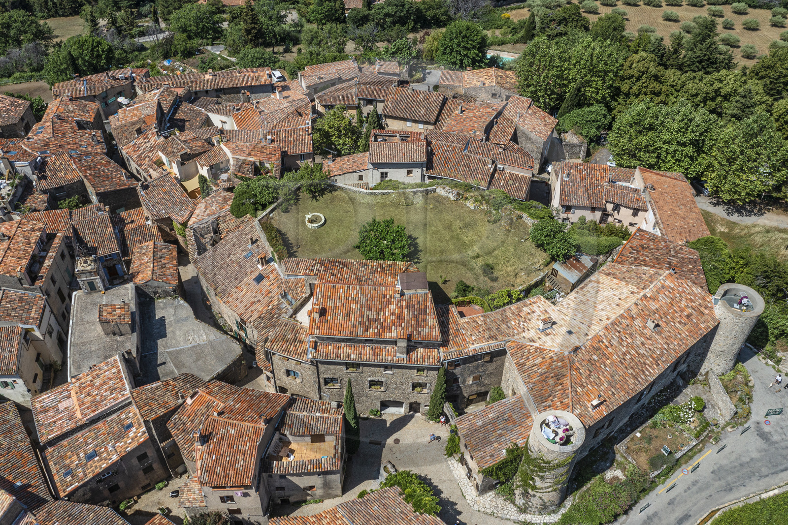France, Var, the Dracenie, village de Tourtour, labelled Les Plus Beaux Villages de France (The Most Beautiful Villages of France), the old castle called Laval castle from the 12th century transformed into a dwelling (aerial view)