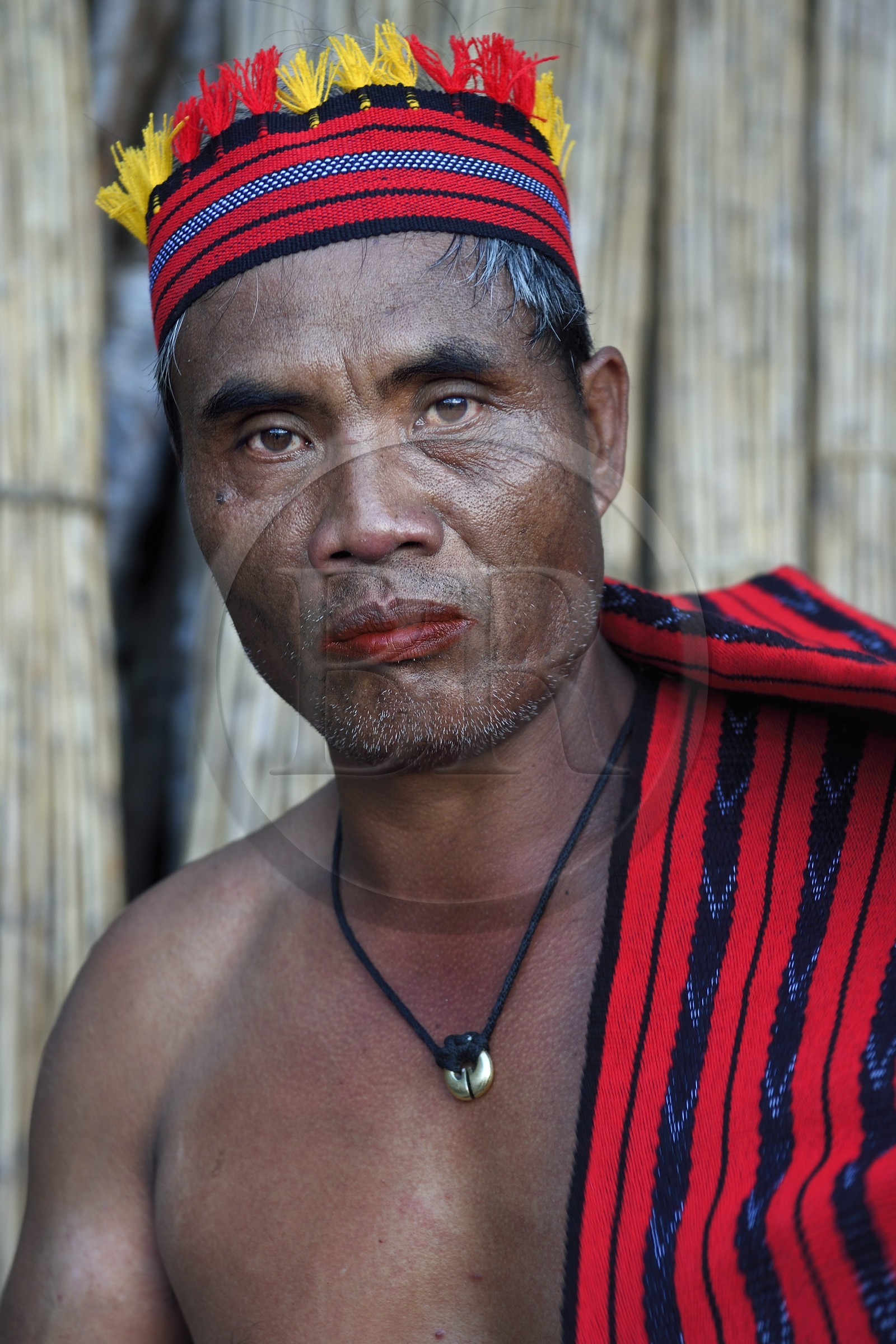 Philippines, province d'Ifugao, village de Batad, le guide Adolpho revetu du costume traditionnel Ifugao