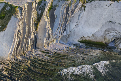 France, Pyrenees Atlantiques, Basque Country coast, the Basque Corniche, Urrugne, the Atlantic coast towards Socoa, flysch cliffs (aerial view)