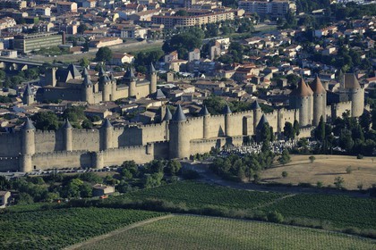 France, Aude, Carcassonne, medieval city (aerial view)
