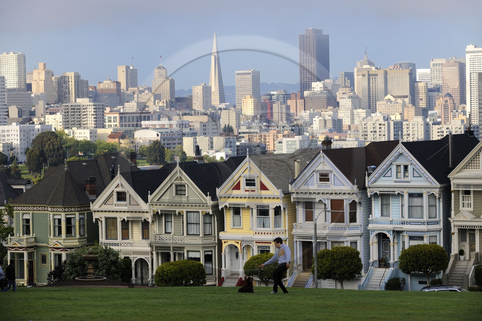 United States, California, San Francisco, Victorian houses of Alamo Square with the Financial District in the background