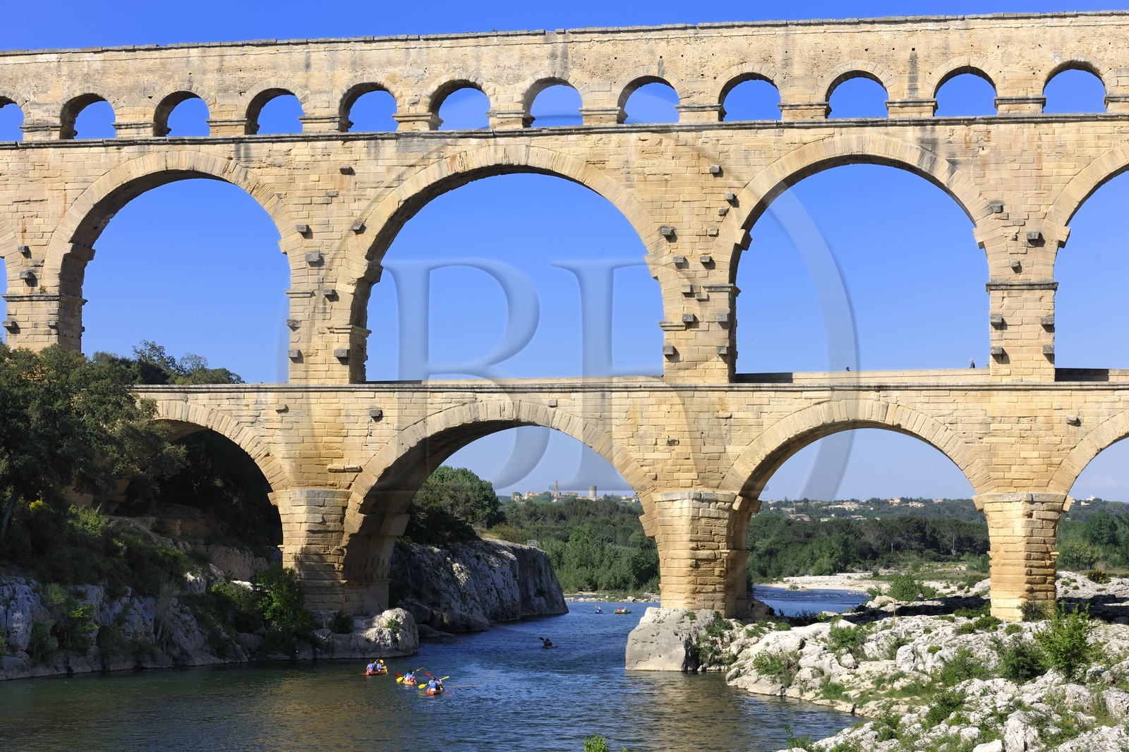 France, Gard, Pont du Gard listed as World Heritage by UNESCO, Roman aqueduct over Gardon River, canoeing