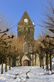 France, Manche, Cotentin, parachutist's dummy hanging on the church's bell tower of Sainte Mere Eglise