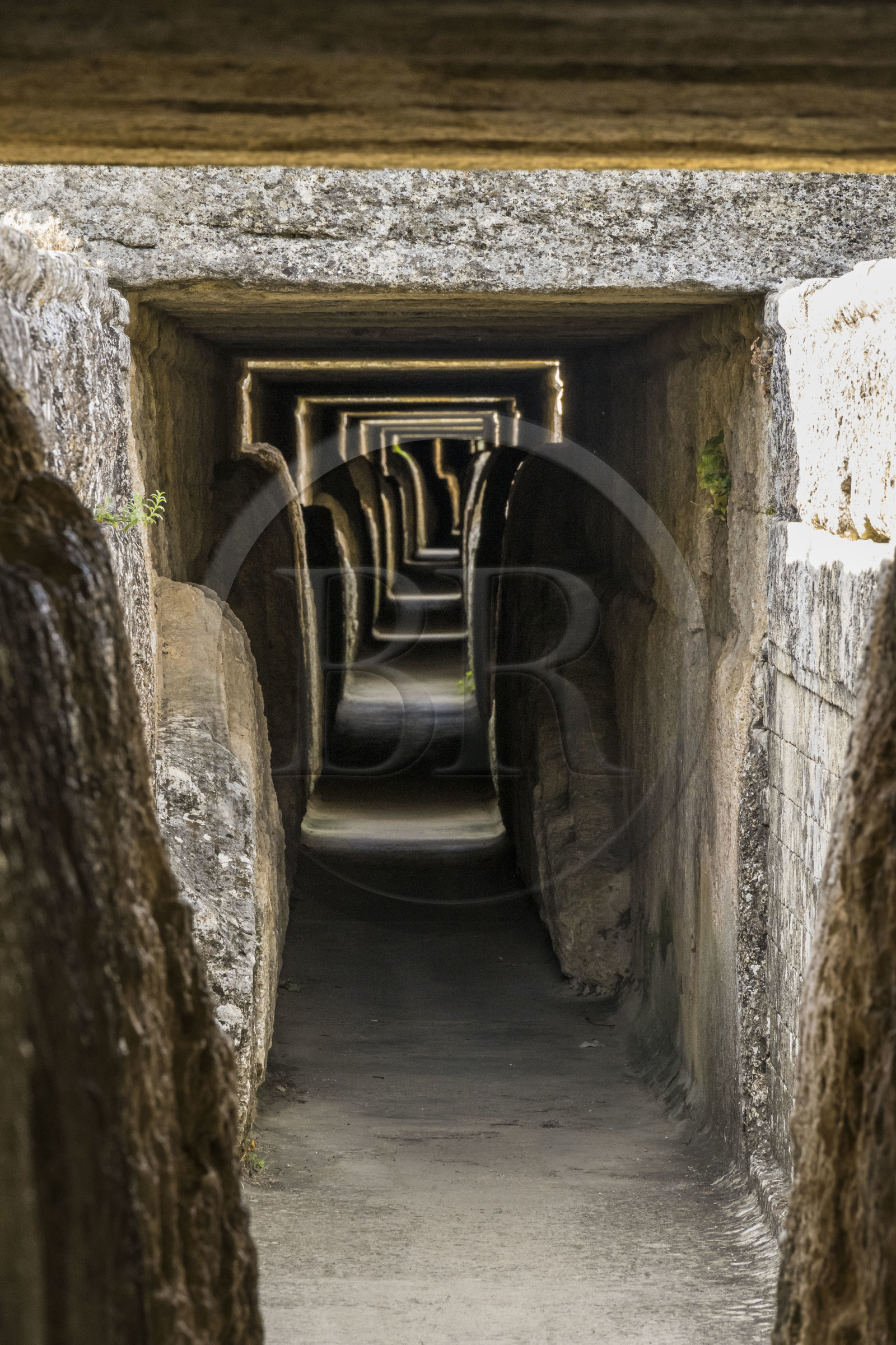 France, Gard (30), le Pont du Gard classé Patrimoine Mondial de l'UNESCO, Grand Site de France, pont aqueduc romain qui enjambe le Gardon, concrétions calcaires déposées au fil des années sur les parois intérieures du conduit de l'aqueduc dans la partie supérieur du pont
